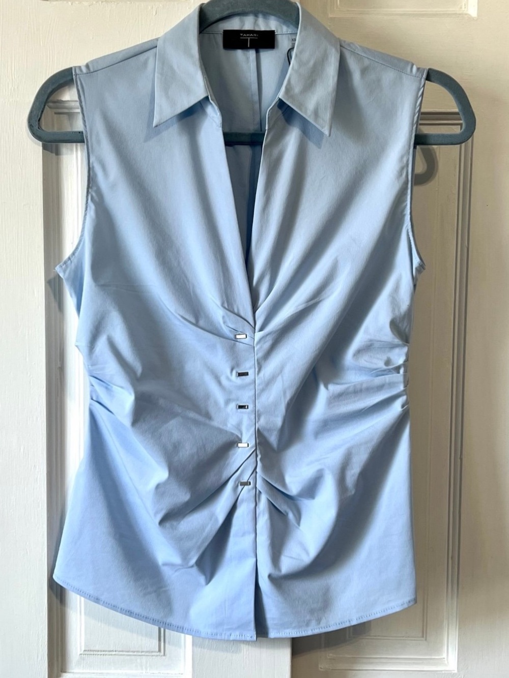 Tahari - Sleeveless Light Blue Collared ruched-Front v neck Top